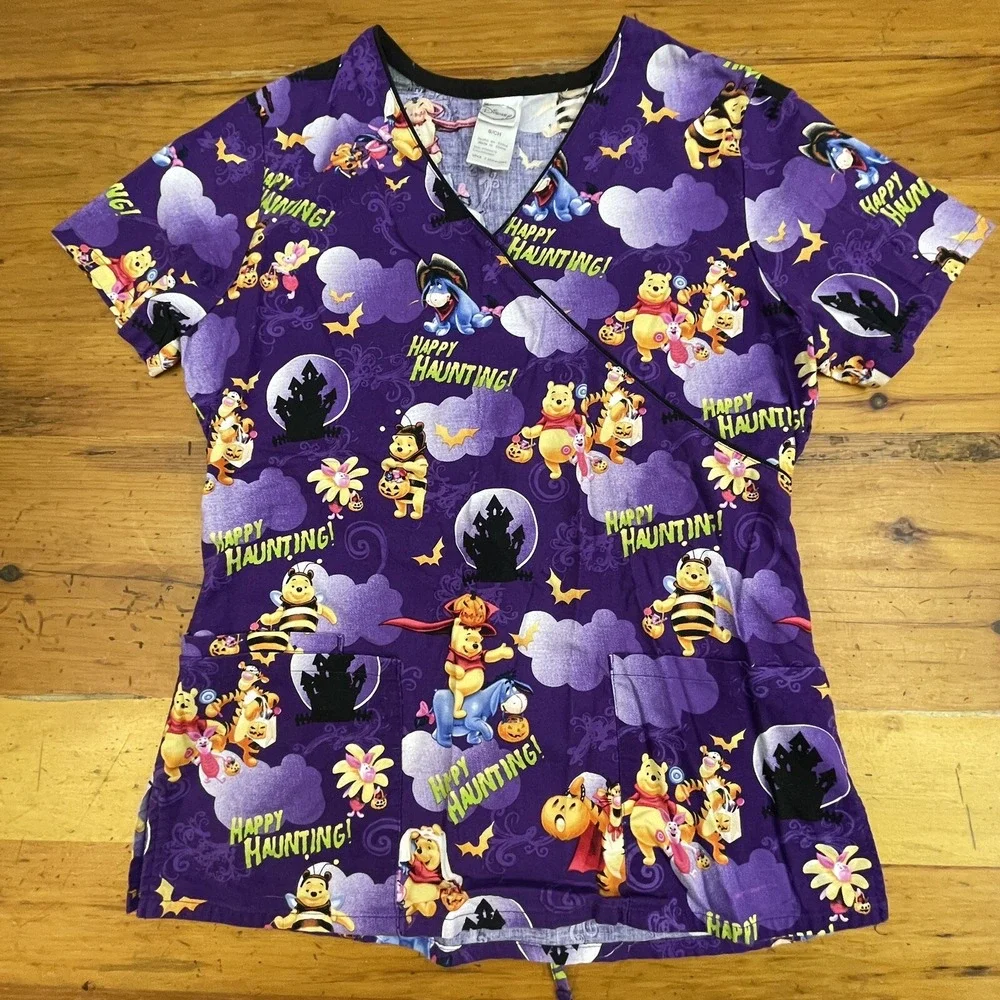 Disney Scrub Top Small Purple Pooh‎ Bear Eeyore Halloween Happy Haunting